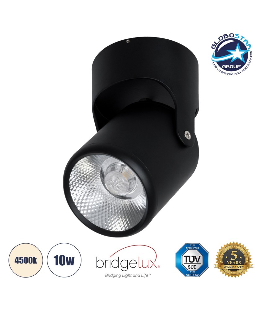 GLOBOSTAR® DETRONIC 60504 Κινούμενο Downlight Σποτ LED 10W 1300lm 24° AC 220-240V IP20 Φυσικό Λευκό 4500K - Bridgelux COB Chip & TÜV SÜD Driver - Μαύρο Ματ - Μ9 x Π9 x Υ16cm - 5 Χρόνια Εγγύηση